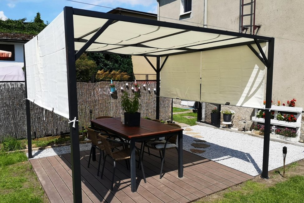 Disposición de la pérgola de terraza metálica Santorini 3 x 3 m Garden Point